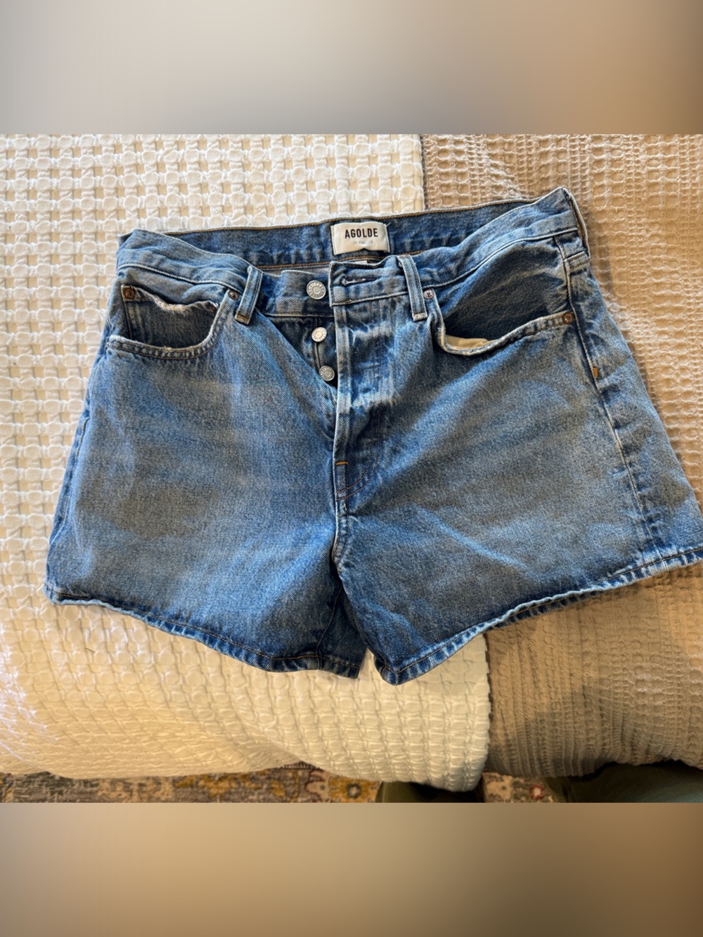 Agolde Medium Blue High-Rise Button-Fly Denim Shorts
